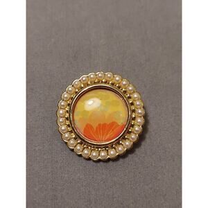Avon Brooch Pin & Pendant Faux Pearl Floral Circle Red Orange Green, Gold Tone